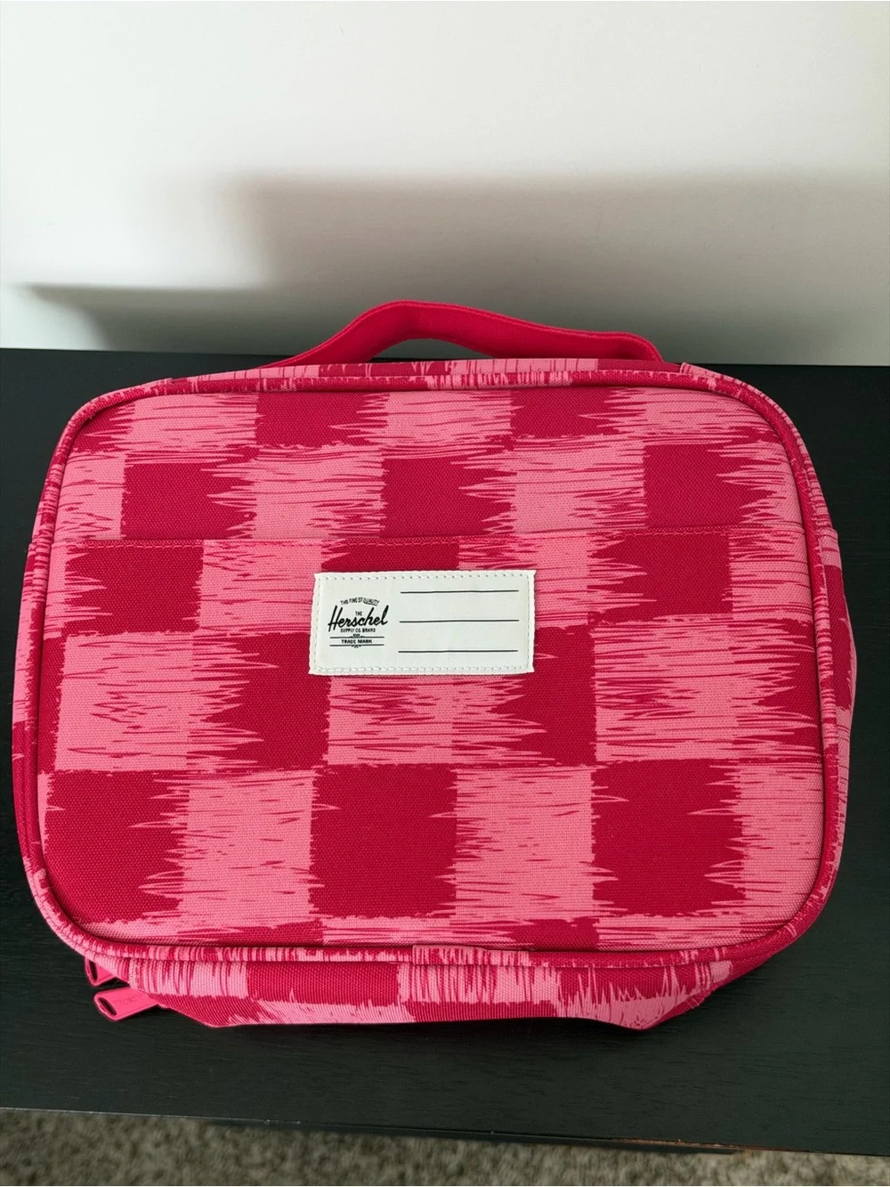 Herschel Pop Quiz Lunch Box in the Check Yourself Raspberry pattern
